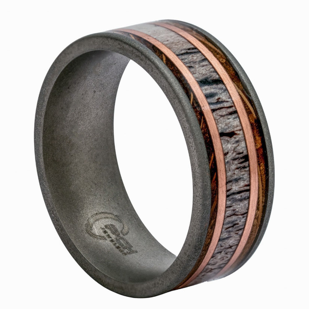 Men's Titanium Antler Ring With Copper and Koa Wood Inlay, 9mm Comfort Fit Wedding Band