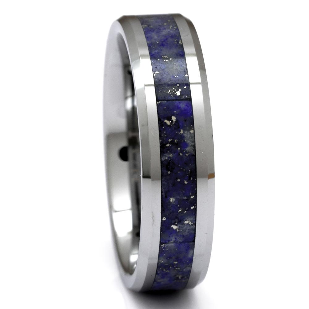 Tungsten Ring With Blue Lapis Lazuli Inlay, 6mm Comfort Fit Wedding Band - PCH Rings