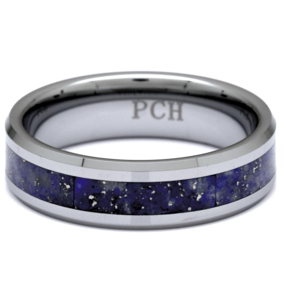 Tungsten Ring With Blue Lapis Lazuli Inlay, 6mm Comfort Fit Wedding Band - PCH Rings