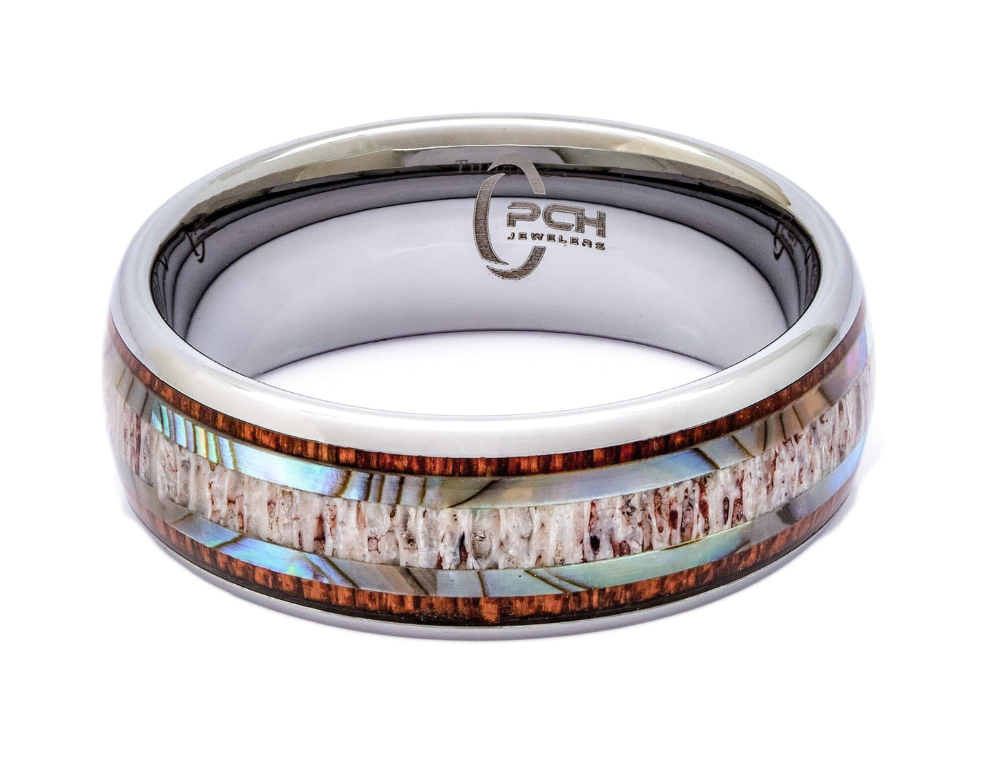 Tungsten Ring With Antler, Koa Wood and Abalone Shell, 8mm Comfort Fit Wedding Band - PCH Jewelers INC.