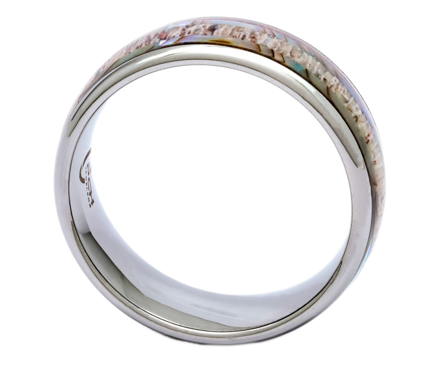 Tungsten Ring With Antler, Koa Wood and Abalone Shell, 8mm Comfort Fit Wedding Band - PCH Jewelers INC.