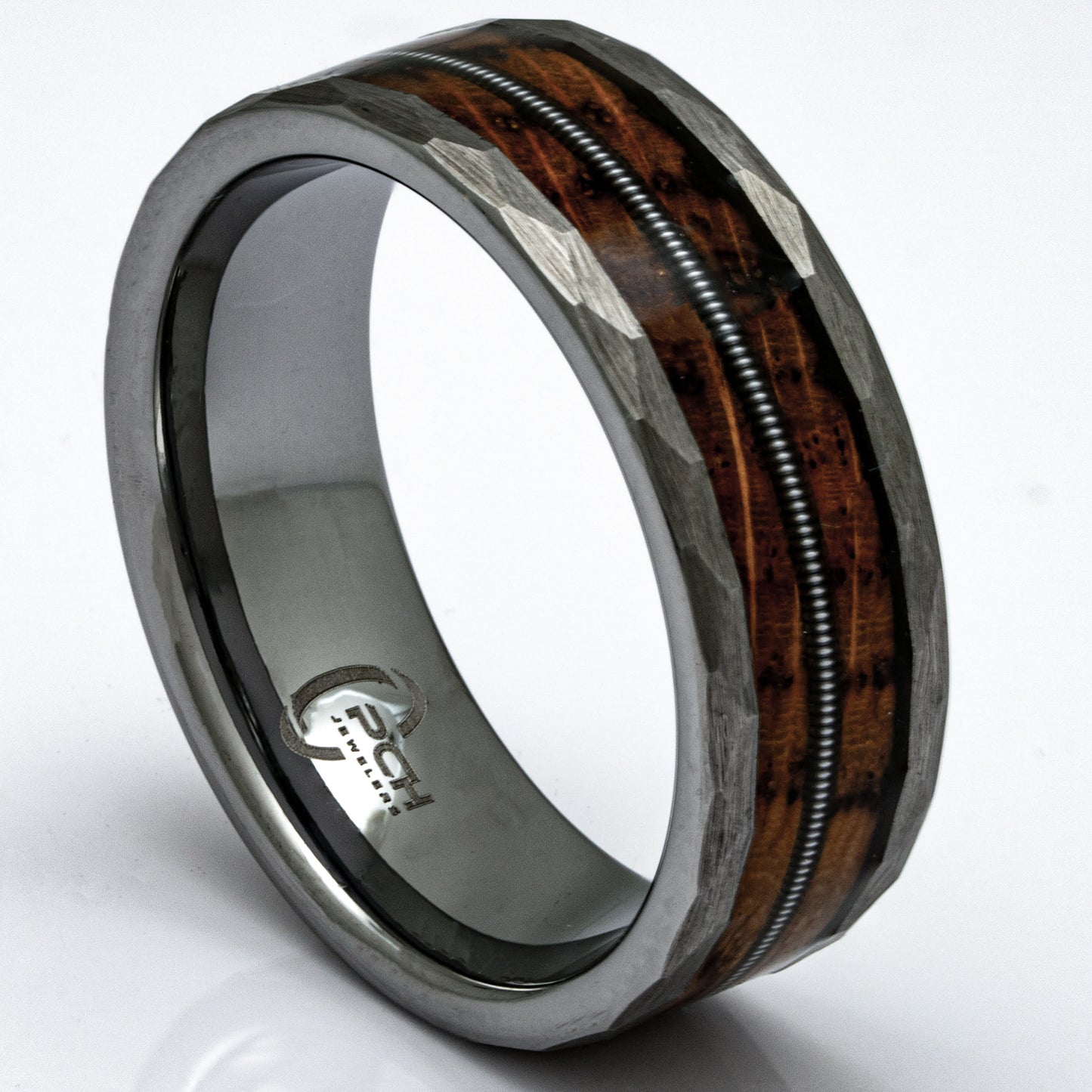 Hammered Tungsten, Whiskey Barrel, Guitar String Ring, 8mm Comfort Fit Wedding Band - PCH Jewelers INC.