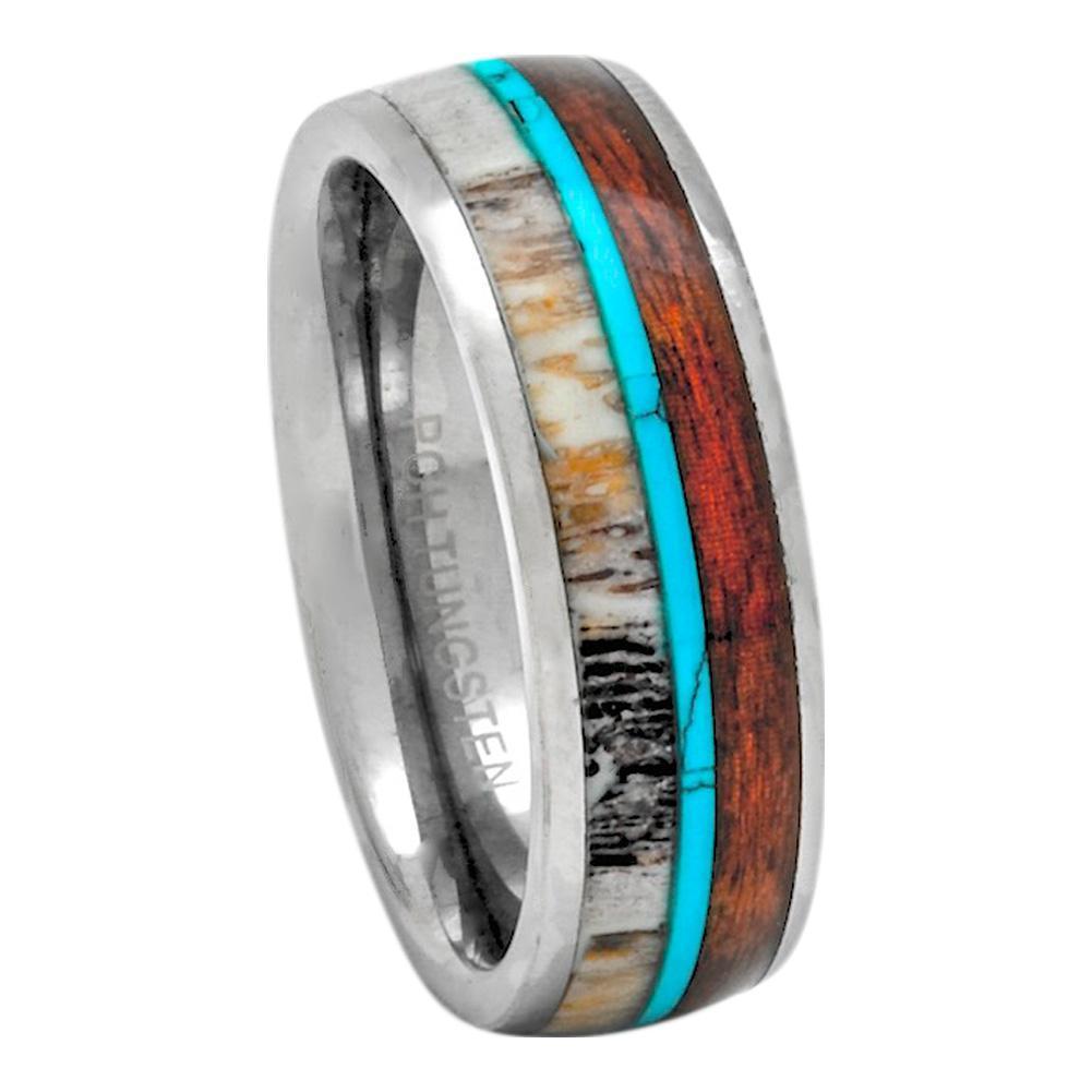 Deer Antler Ring with Hawaiian Koa Wood and Turquoise set in Tungsten