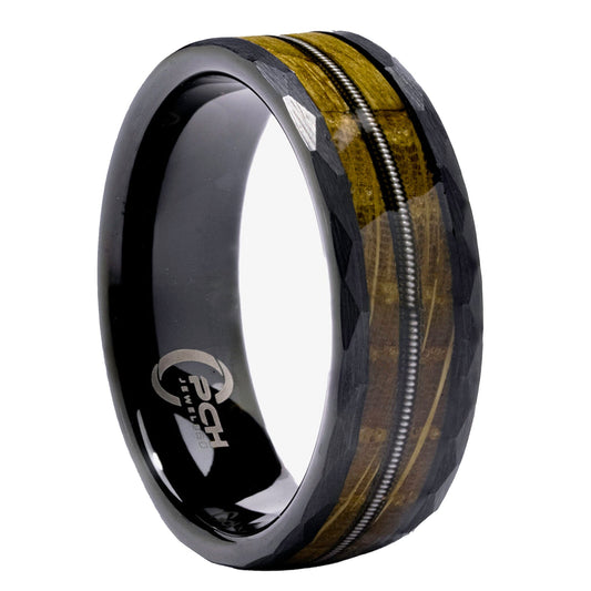 Black Tungsten Whiskey Barrel Wood & Guitar String Ring, 8mm Comfort Fit Wedding Band