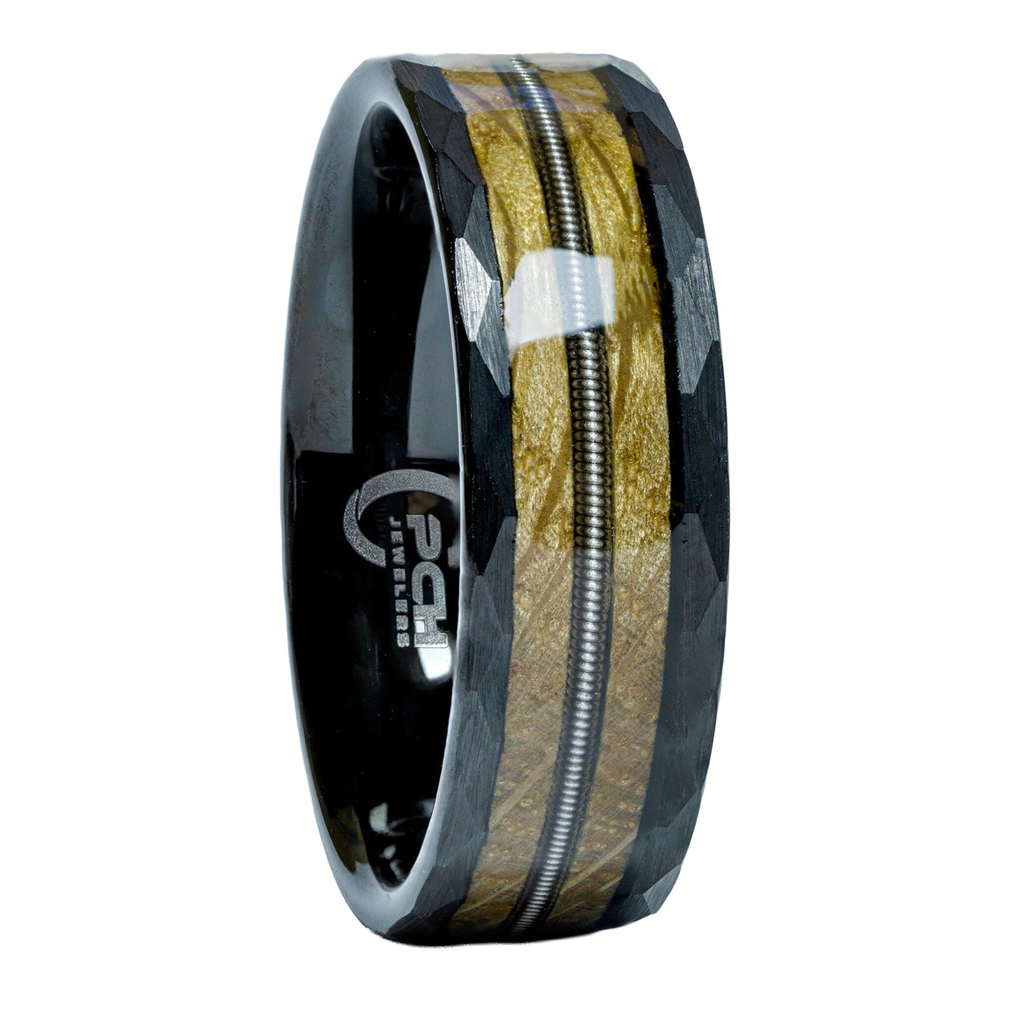 Black Tungsten Whiskey Barrel Wood & Guitar String Ring, 8mm Comfort Fit Wedding Band