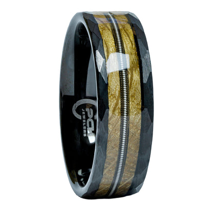 Black Tungsten Whiskey Barrel Wood & Guitar String Ring, 8mm Comfort Fit Wedding Band
