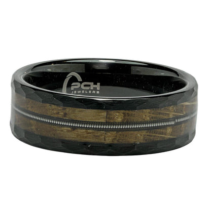 Black Tungsten Whiskey Barrel Wood & Guitar String Ring, 8mm Comfort Fit Wedding Band