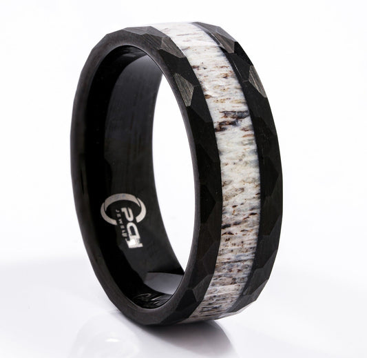 Black Tungsten Antler Ring with Hammered Finish, 8mm Comfort Fit Wedding Band - PCH Jewelers INC.