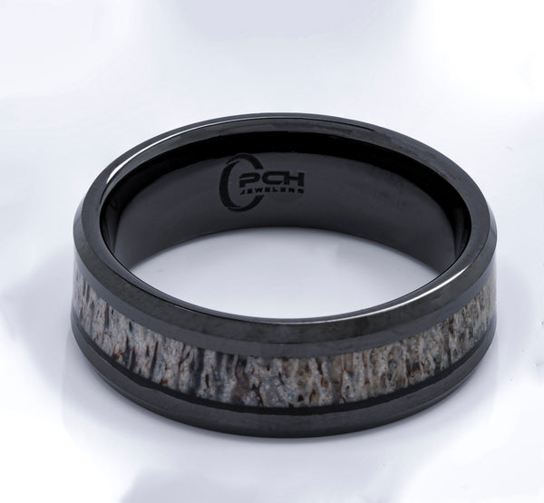 Antler Ring in Black Ceramic, Beveled Edge 8mm Comfort Fit Wedding Band - PCH Jewelers INC.