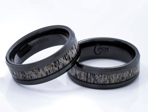 Antler Ring in Black Ceramic, Beveled Edge 8mm Comfort Fit Wedding Band - PCH Jewelers INC.