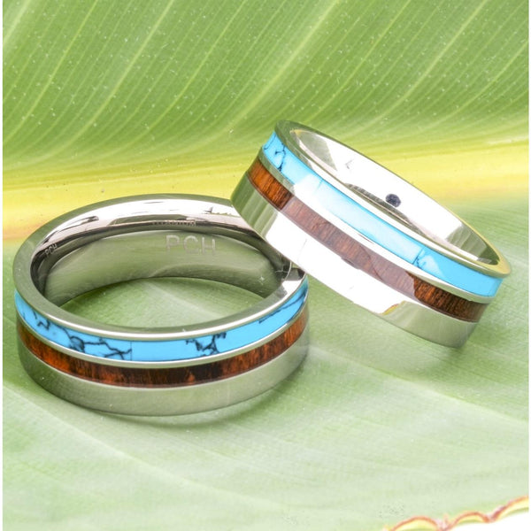 Men's Titanium Ring With Koa Wood and Turquoise Inlay, 8mm Comfort Fit Wedding Band - PCH Rings
