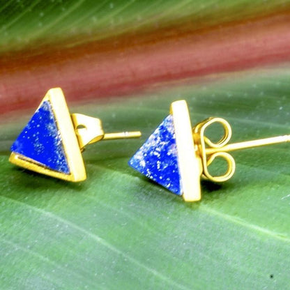 Triangle Lapis Stud Earrings, 14k gold overlay fashion Jewelry - PCH Rings