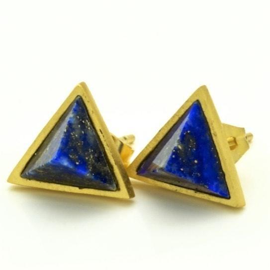 Triangle Lapis Stud Earrings, 14k gold overlay fashion Jewelry - PCH Rings