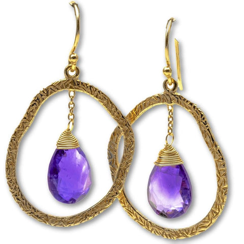 Genuine Amethyst Drop Earrings, Sterling Silver With 18K Gold Overlay - PCH Rings