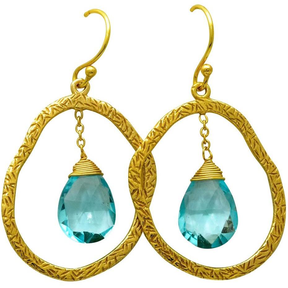 Sterling Silver Blue Topaz Earrings, 18k Gold Overlay, Drop Dangle Design - PCH Rings