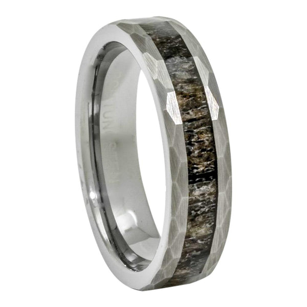 Tungsten Deer Antler Ring, Hammered Finish, 6mm Comfort Fit Wedding Band - PCH Rings