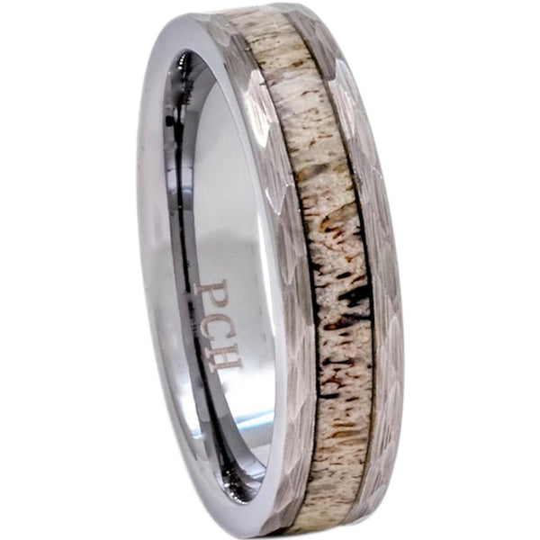 Tungsten Deer Antler Ring, Hammered Finish, 6mm Comfort Fit Wedding Band - PCH Rings