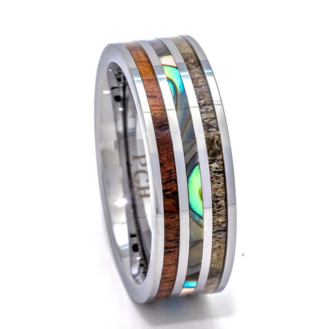 Men's Tungsten Abalone Shell Ring With Koa Wood Inlay, 8mm Comfort Fit Wedding Band - PCH Rings