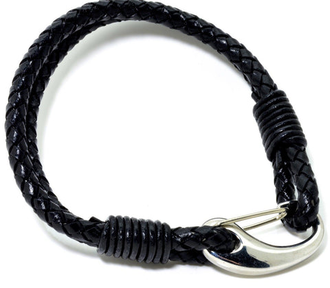 Men's Black Leather Bracelet With Stainless Steel Clasp, 8" Long - PCH Rings