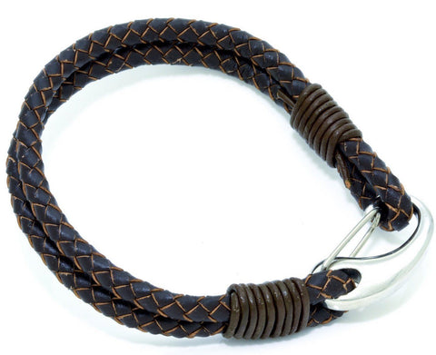 Men's Brown Leather Bracelet With Stainless Steel Clasp, 8" Long - PCH Rings