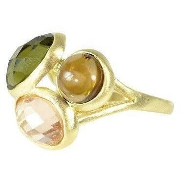 Modern Gold Fashion Ring 3 Faceted Quartz Gemstones With 18K Gold Overlay - PCH Rings