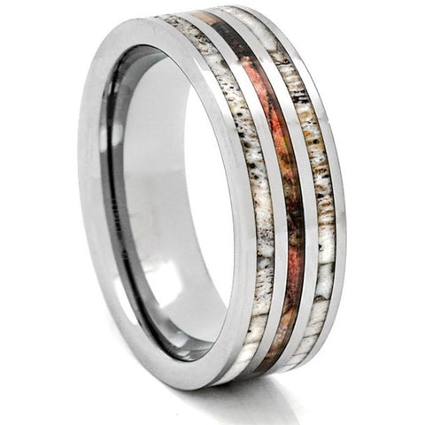 Deer Antler Ring With Camo Inlay, Tungsten Carbide, 8mm Comfort Fit Wedding Band - PCH Rings