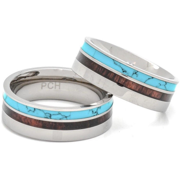 Men's Titanium Ring With Koa Wood and Turquoise Inlay, 8mm Comfort Fit Wedding Band - PCH Rings