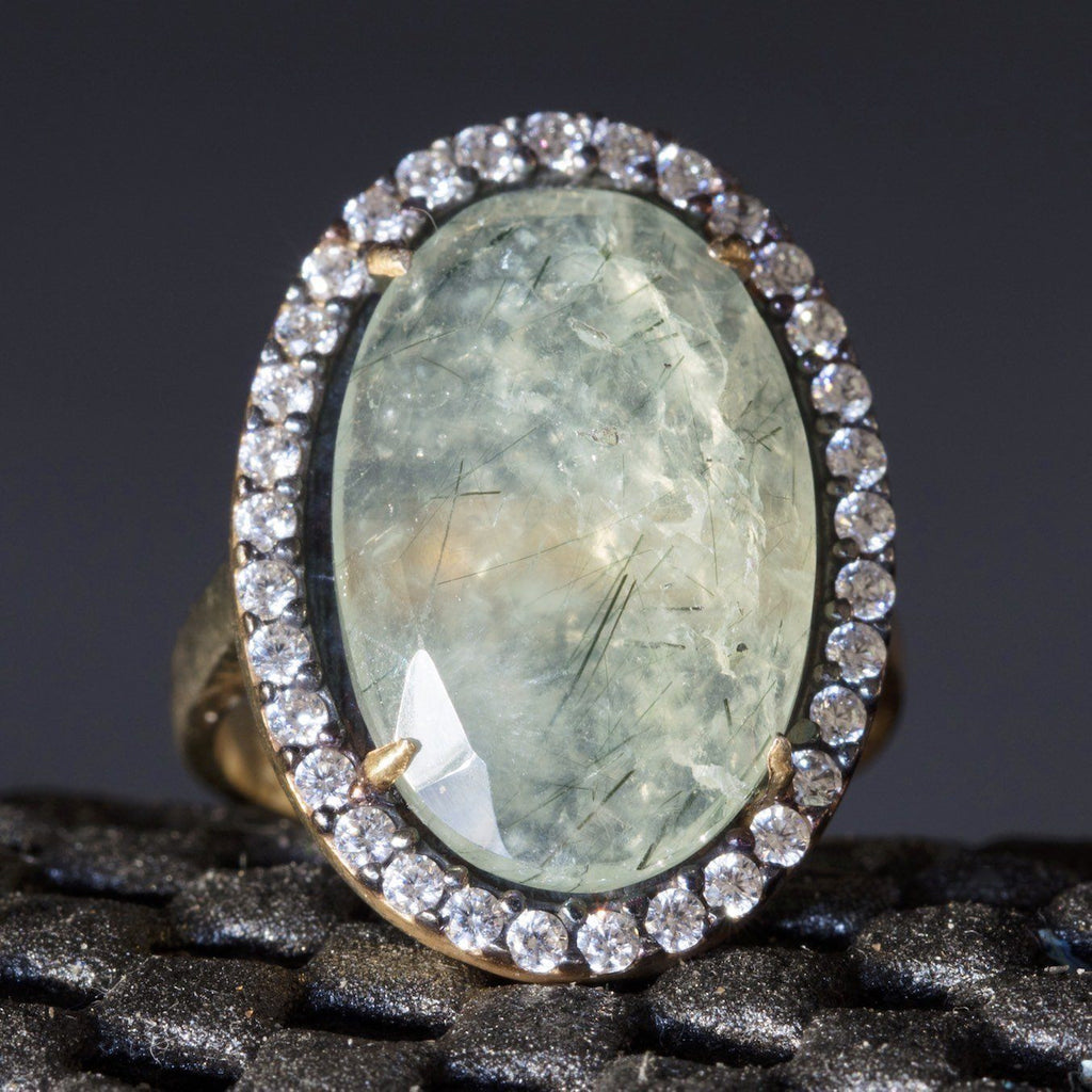 Sterling Silver Ring With Rutilated Quartz Gemstone, Cubic Zirconia Halo ring - PCH Rings