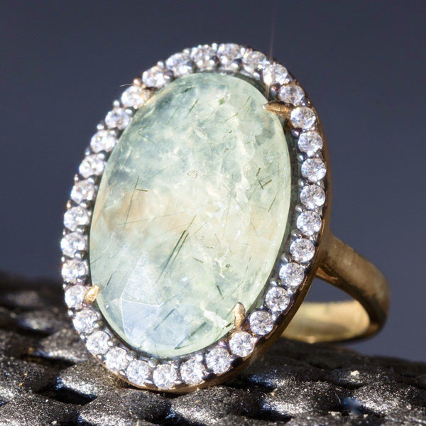 Sterling Silver Ring With Rutilated Quartz Gemstone, Cubic Zirconia Halo ring - PCH Rings