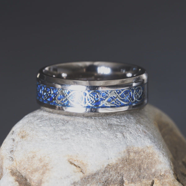 Titanium Blue Dragon Celtic Ring, Irish Wedding Band, 8mm Comfort Fit Wedding Band - PCH Rings