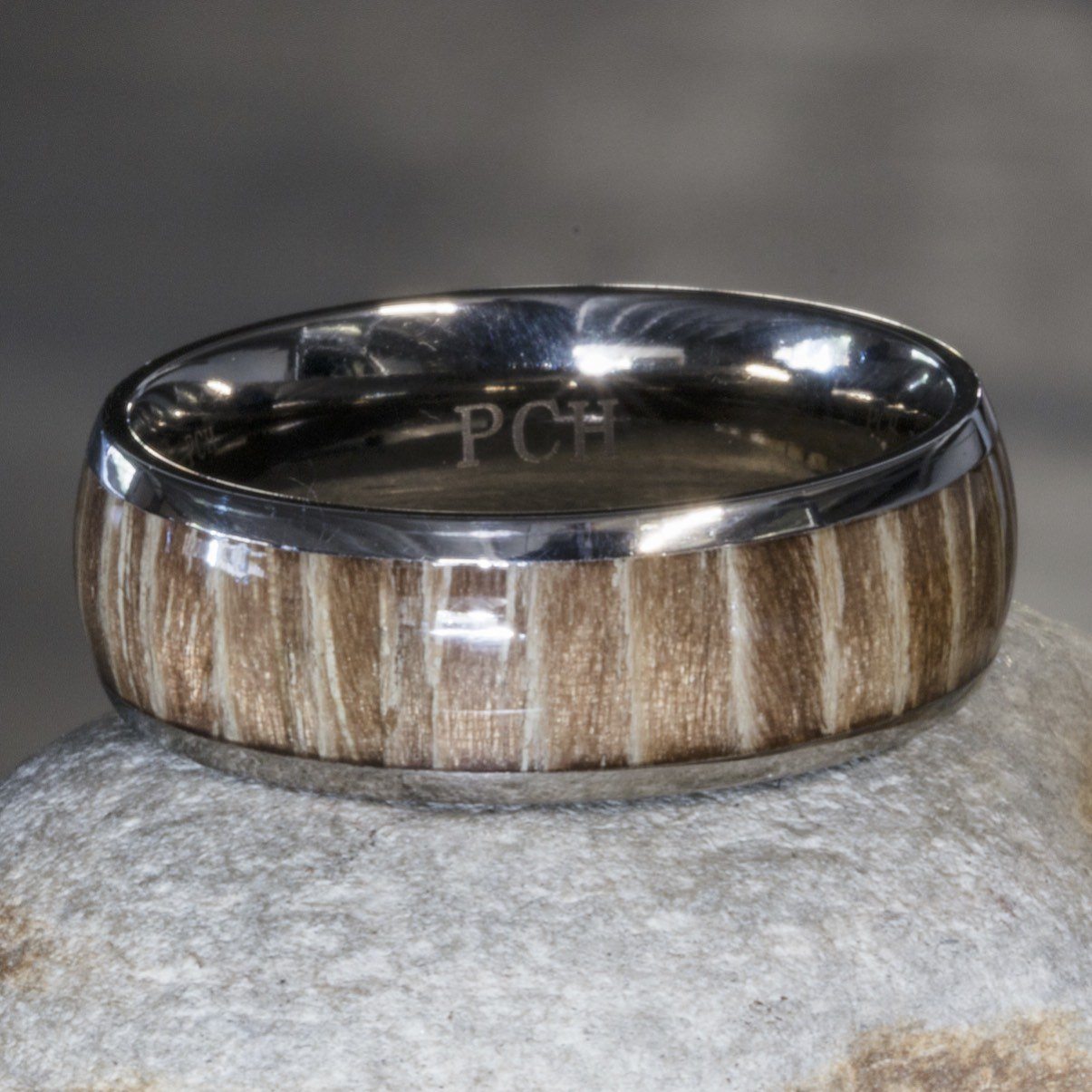 Titanium Wood Ring With Ashen Rose Zebra Wood, 8mm Comfort Fit Wedding Band - PCH Rings