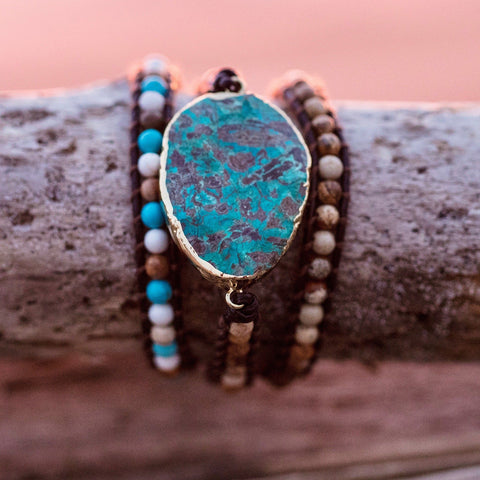Ladies Leather And Gemstone Wrap Bracelet With Jasper, Turquoise And Agate - PCH Rings