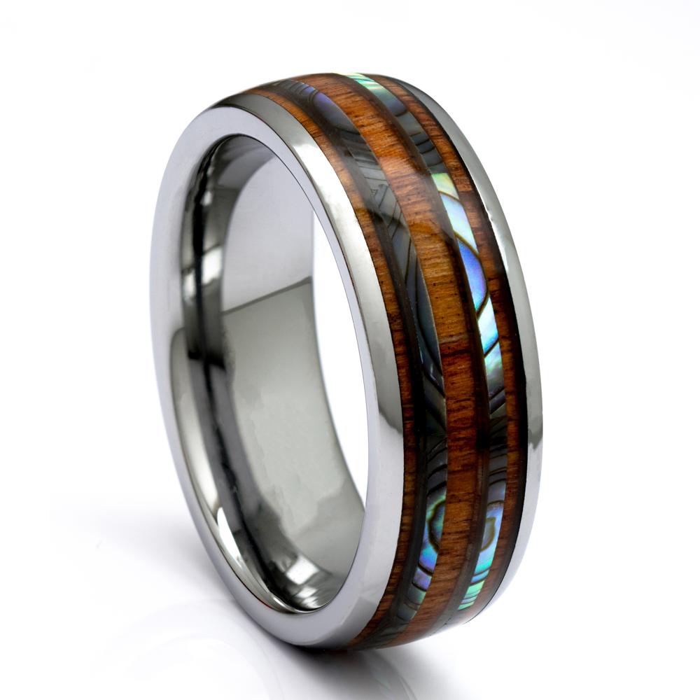 Tungsten Ring With Hawaiian Koa Wood Ring And Abalone Inlay,  8mm Comfort Fit Wedding Band - PCH Rings