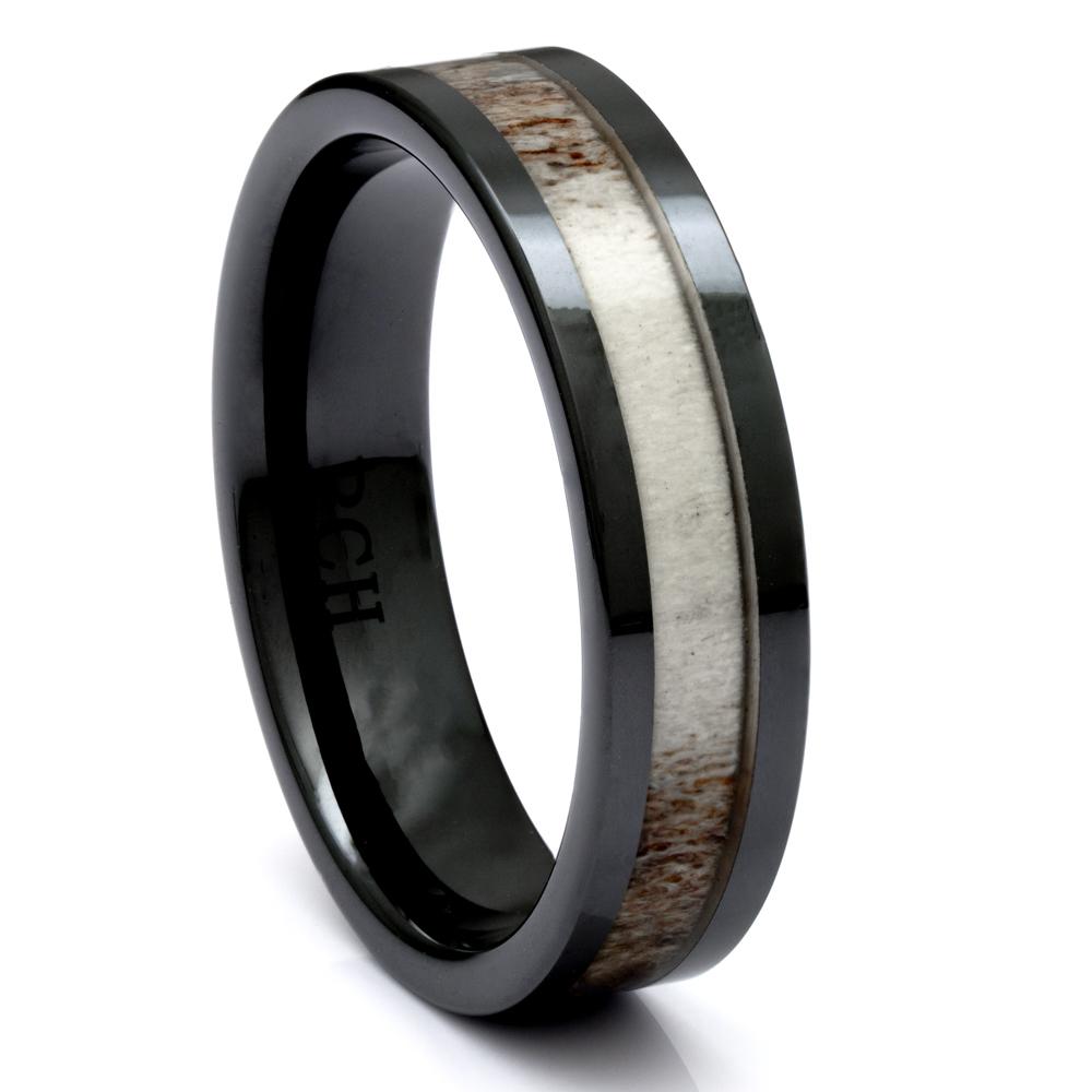Deer Antler Ring In Black Ceramic, 6mm Comfort Fit Wedding Band - PCH Rings