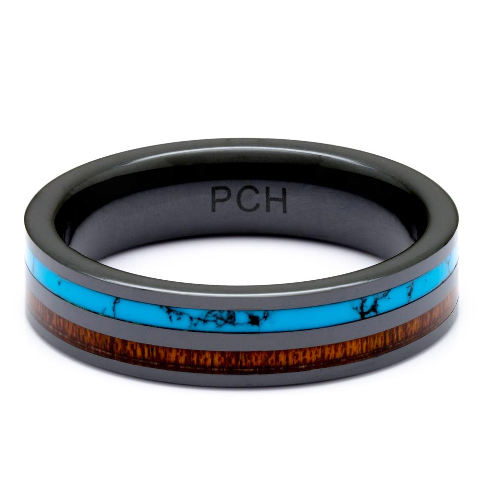 Black Ceramic Wood Ring With Turquoise Inlay, 6mm Comfort Fit Wedding Band - PCH Rings