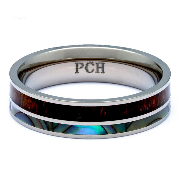 Hawaiian Koa Wood Ring With Abalone Inlay, 6mm Titanium Wedding Band - PCH Rings