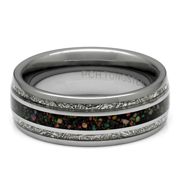 Tungsten Ring With Opal and Meteorite Inlay, 8mm Comfort Fit Wedding Band - PCH Rings