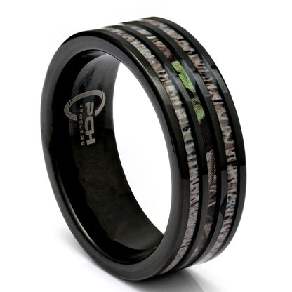 Black Tungsten Deer Antler and Camo Ring, 8mm Comfort Fit Wedding Band - PCH Rings