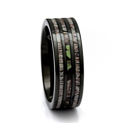 Black Tungsten Deer Antler and Camo Ring, 8mm Comfort Fit Wedding Band - PCH Rings