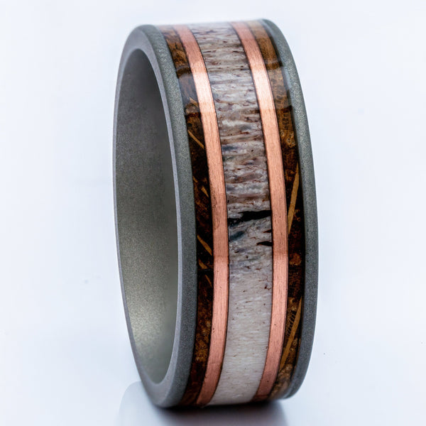 Men's Titanium Deer Antler Ring With Copper and Koa Wood Inlay, 9mm Comfort Fit Wedding Band - PCH Rings