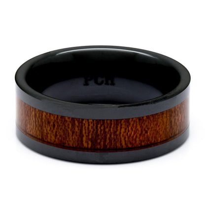 Hawaiian Koa Wood Ring, Black Ceramic Ring, 9mm Comfort Fit Wedding Band - PCH Rings
