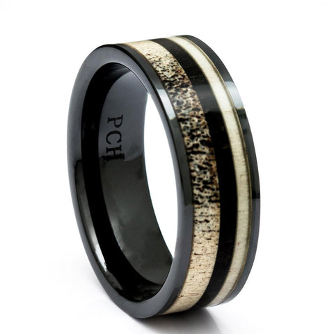 Men's Deer Antler Ring In Black Ceramic With Ebony Wood Inlay, 8mm Comfort Fit Wedding Band - PCH Rings