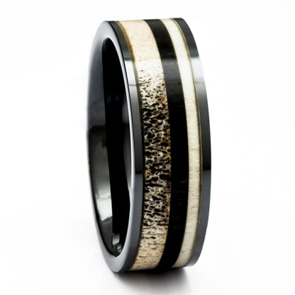 Men's Deer Antler Ring In Black Ceramic With Ebony Wood Inlay, 8mm Comfort Fit Wedding Band - PCH Rings