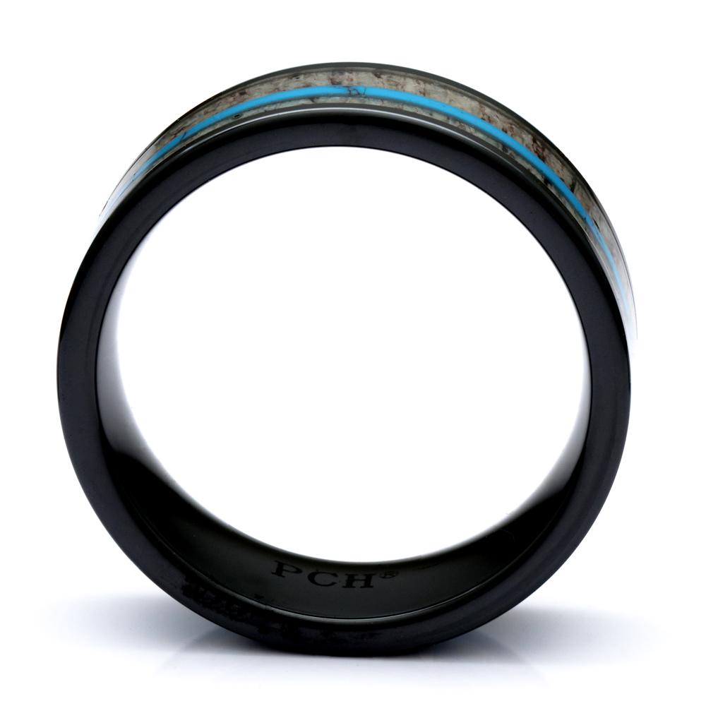 Deer Antler Ring With Turquoise Inlay, Black Ceramic 8mm Comfort Fit Wedding Band - PCH Rings