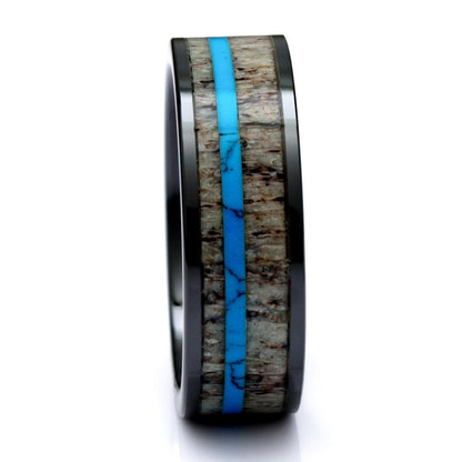 Deer Antler Ring With Turquoise Inlay, Black Ceramic 8mm Comfort Fit Wedding Band - PCH Rings