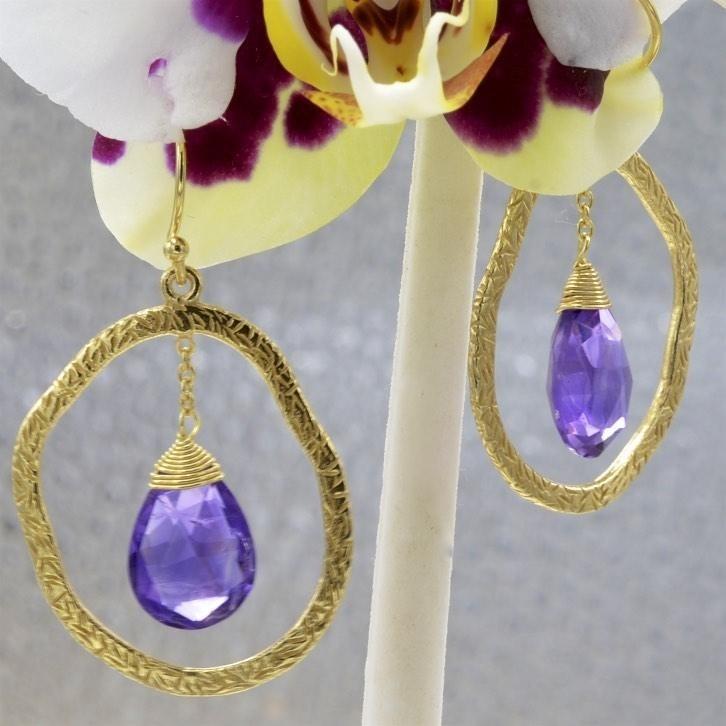Genuine Amethyst Drop Earrings, Sterling Silver With 18K Gold Overlay - PCH Rings