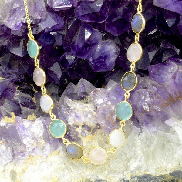 Sterling Silver Gemstone Necklace With Labradorite, Moonstone, Calcite and Rose Quartz - PCH Rings