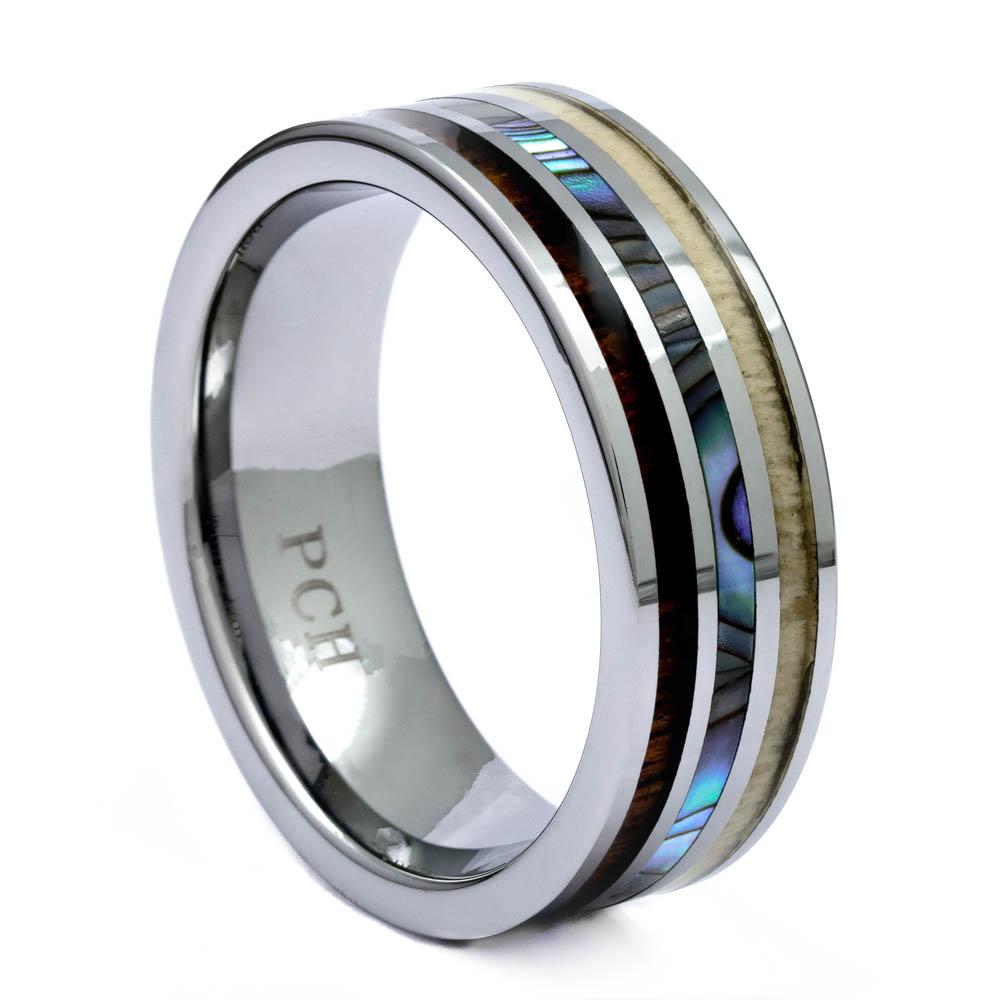 Men's Tungsten Abalone Shell and Antler Ring With Koa Wood Inlay, 8mm Comfort Fit Wedding Band - PCH Rings