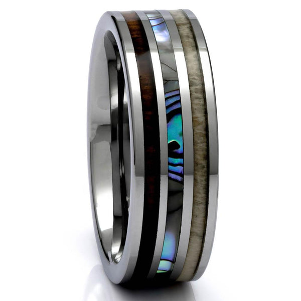 Men's Tungsten Deer Antler Ring - Camo Wood Inlay, 8mm Comfort Fit Wedding Band