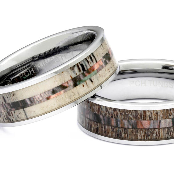 Men's Tungsten Ring With Antler and Camo Inlay, 8mm Comfort Fit Wedding Band - PCH Rings